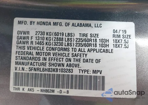 2019 Honda Odyssey Touring z USA, uszkodzony, nr VIN 5FNRL6H83KB103283